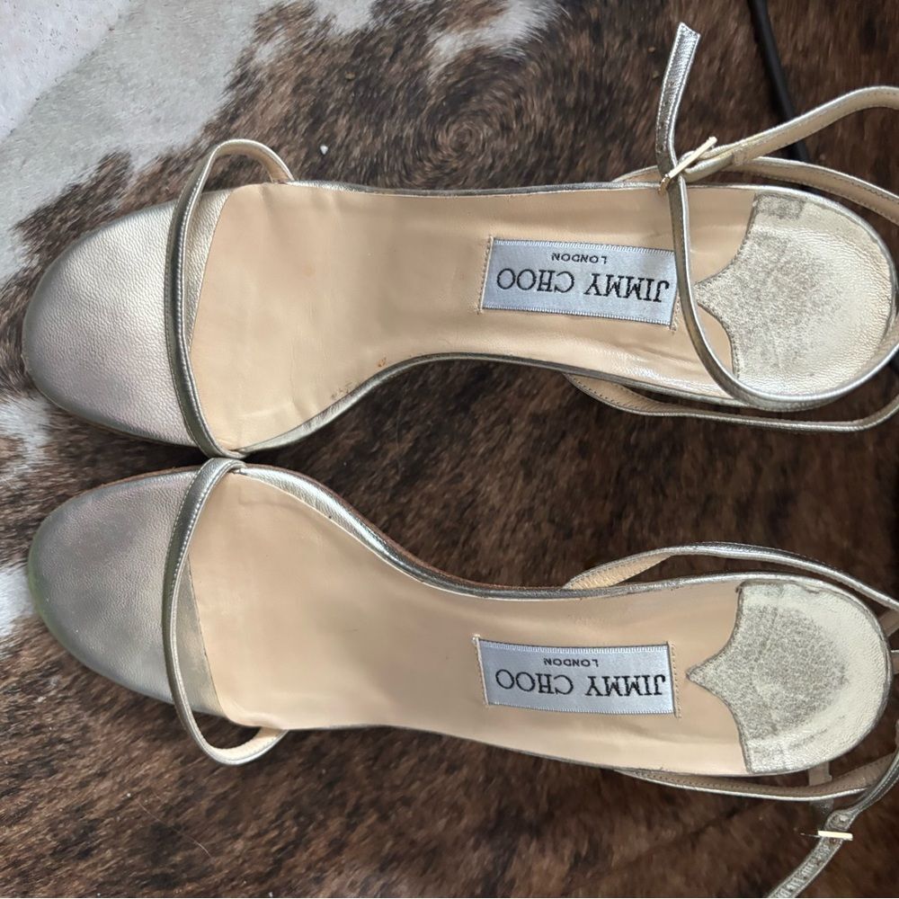 Jimmy Choo High Heel Pumps Open Toe Shoes Strappy Gold Sandals